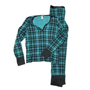 Victorias Secret Womens Plaid Pajama Set Turquoise Black XL Long Sleeve Thermal